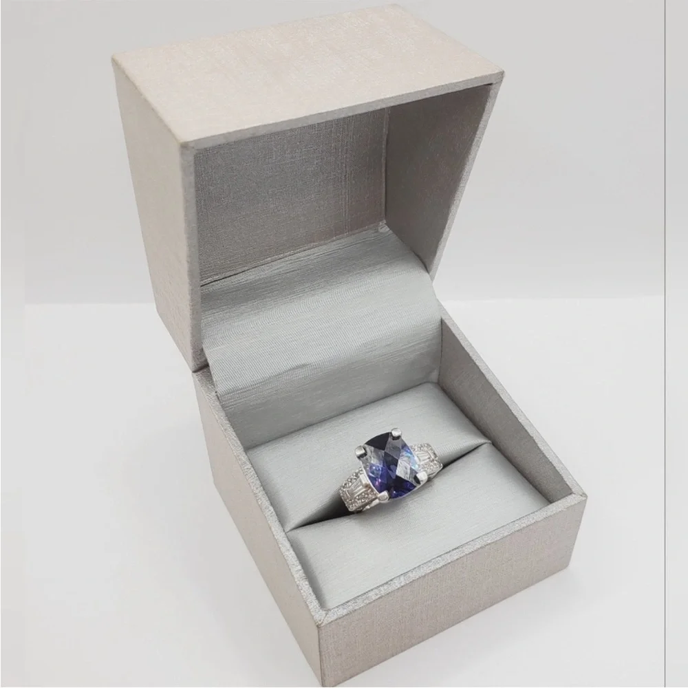Checkerboard Cut Genuine Tanzanite & Diamond Simulant 925 Sterling Silver Ring - Picture 7 of 7
